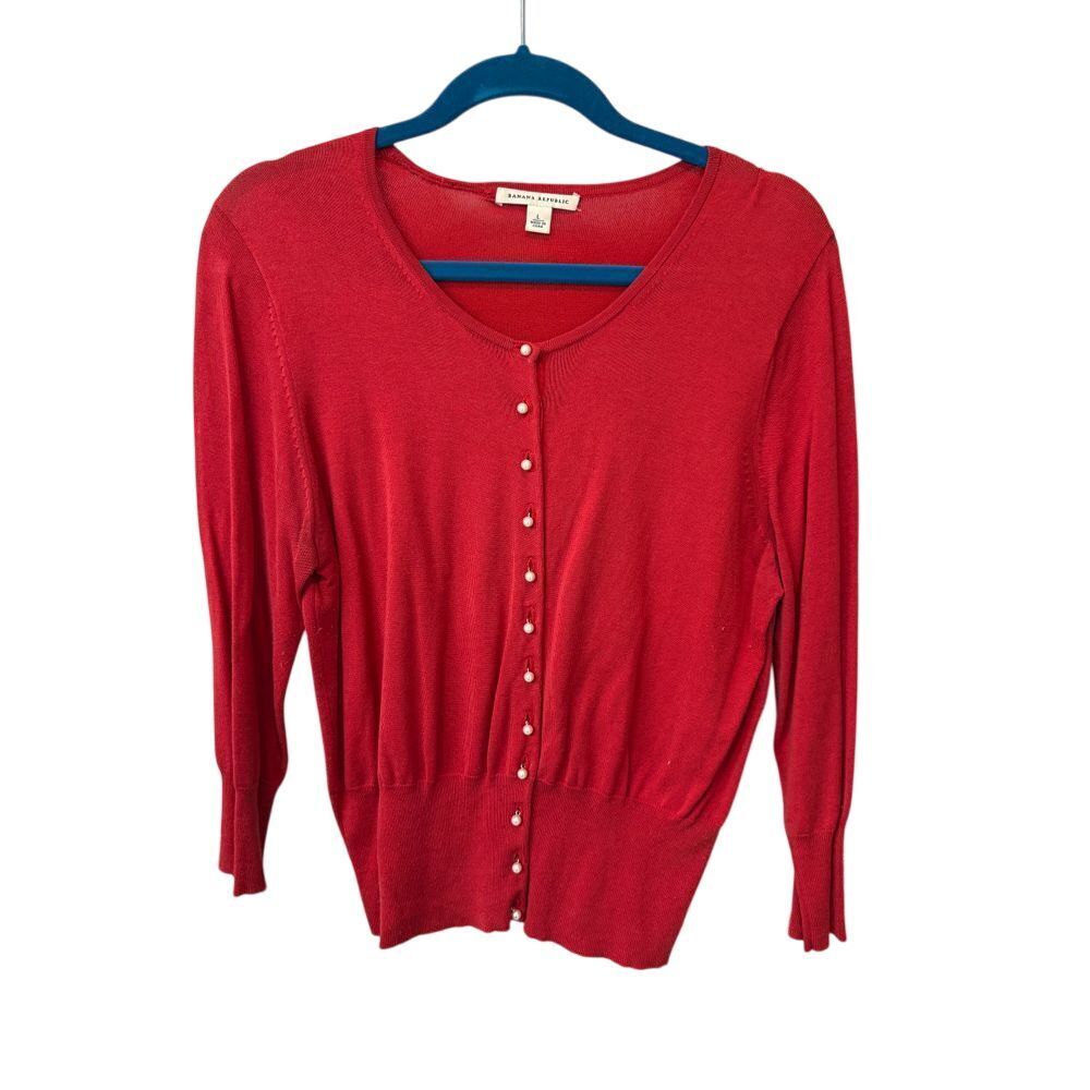 Classic Red Silk Cotton Pearl Button Long Sleeve‎ Cardigan Sweater L